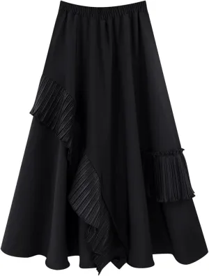 Womens Vintage High Waisted Skirt Asymmetrical Ruffle Hem A-Line Pleated Midi Skirt