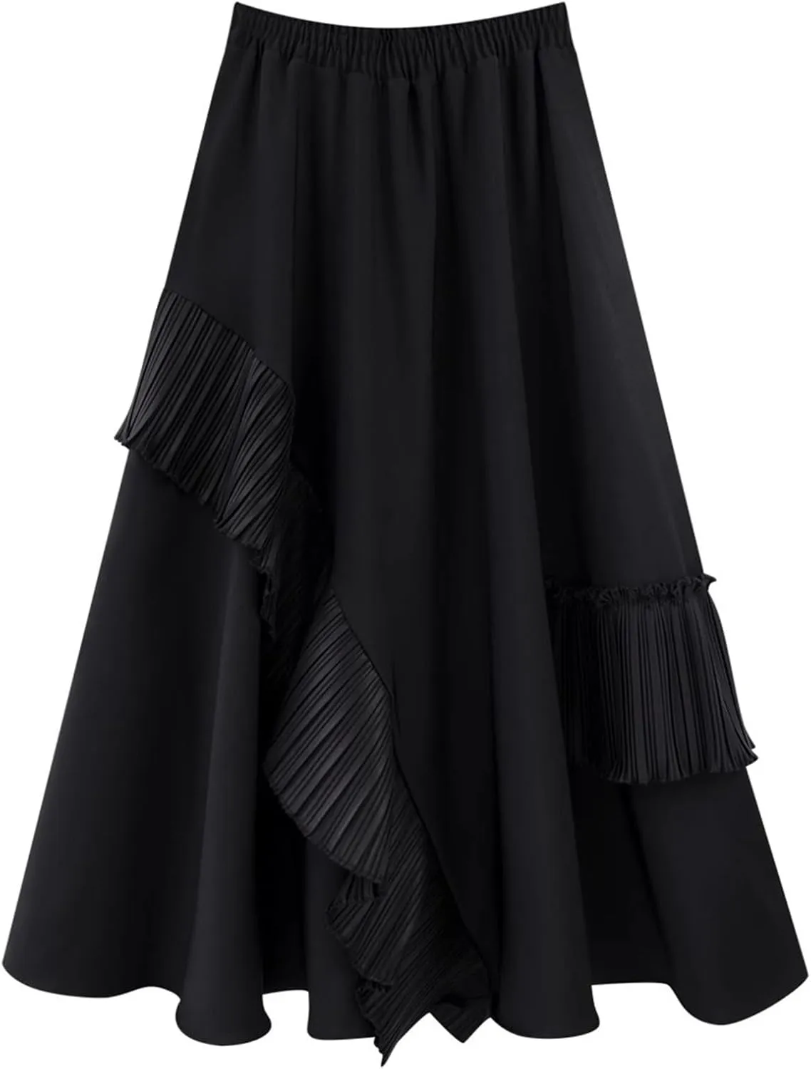 Womens Vintage High Waisted Skirt Asymmetrical Ruffle Hem A-Line Pleated Midi Skirt