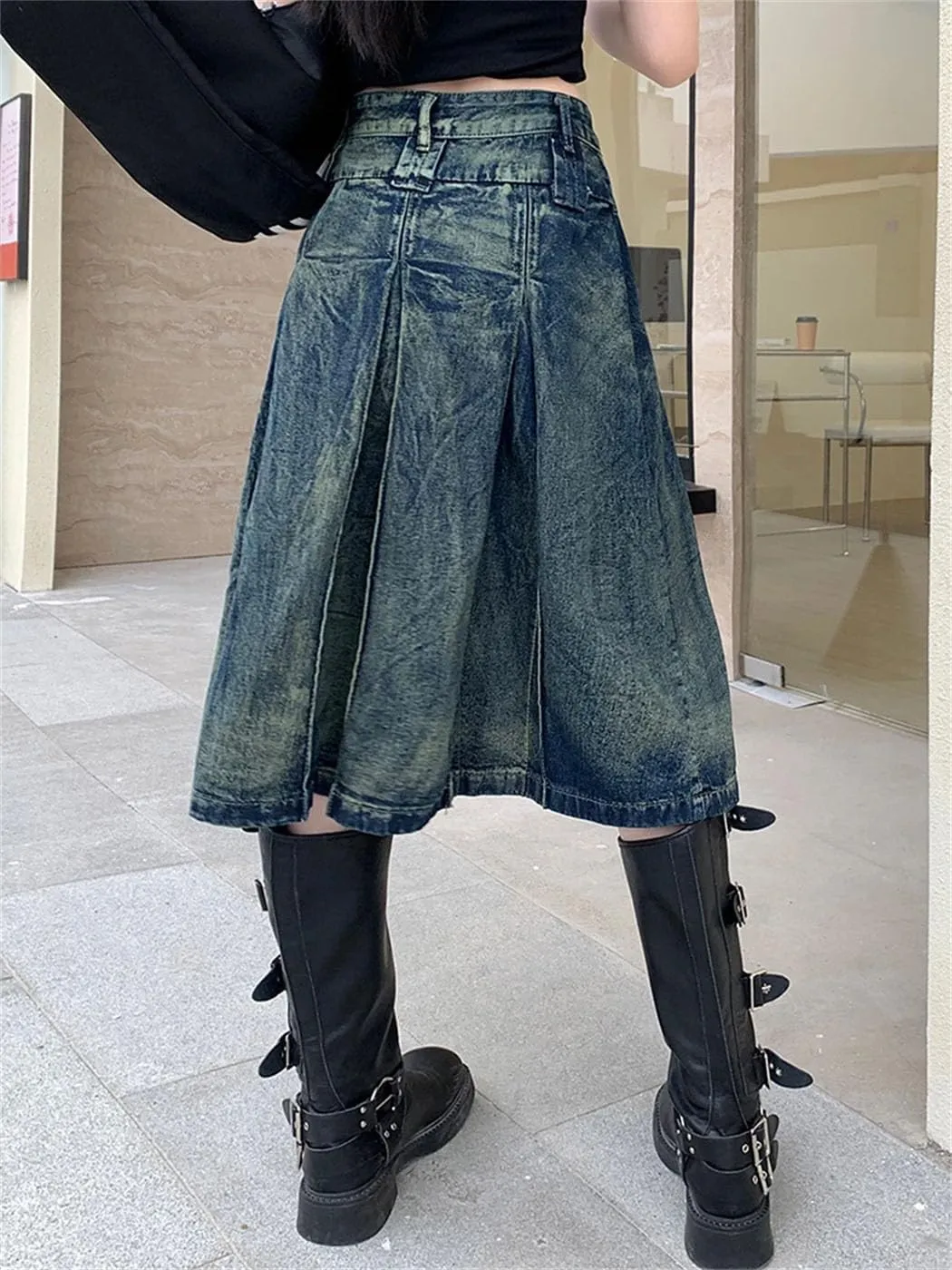 Women's Vintage Washed Pleated Denim Half-Body Skirt High Waisted Loose A-Line Medium-Length Skirts