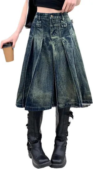 Women's Vintage Washed Pleated Denim Half-Body Skirt High Waisted Loose A-Line Medium-Length Skirts