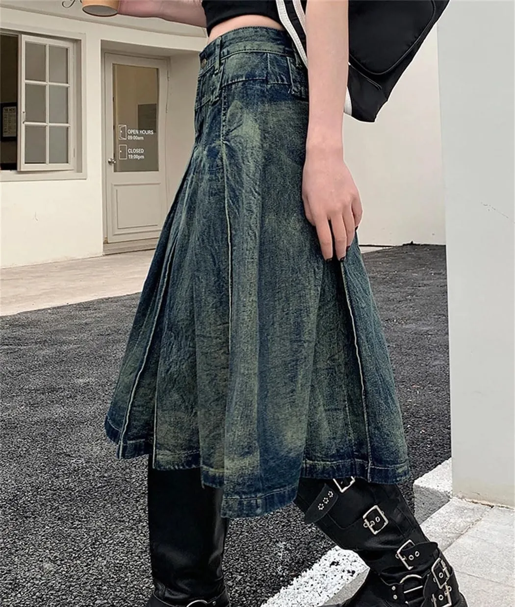 Women's Vintage Washed Pleated Denim Half-Body Skirt High Waisted Loose A-Line Medium-Length Skirts