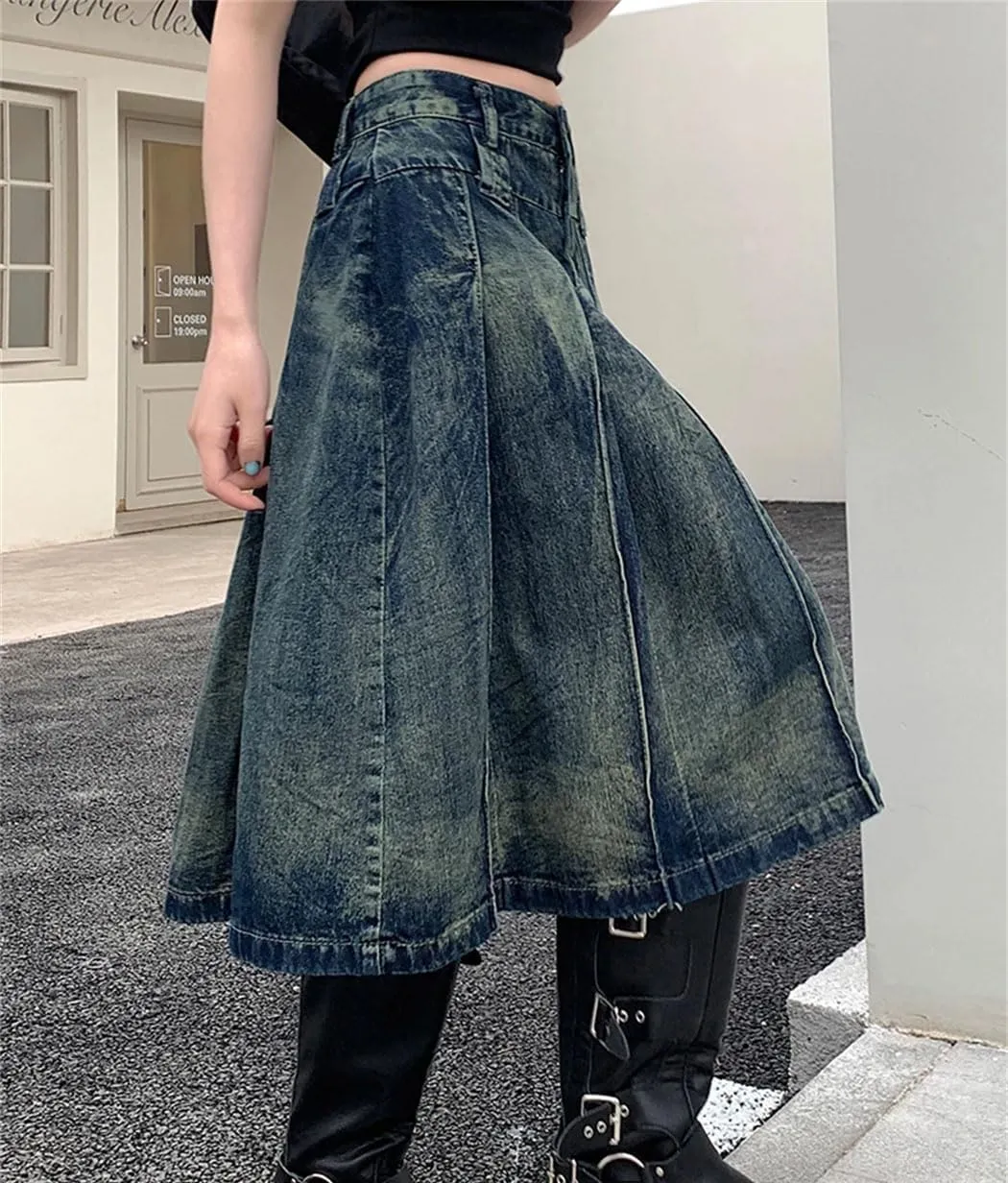 Women's Vintage Washed Pleated Denim Half-Body Skirt High Waisted Loose A-Line Medium-Length Skirts
