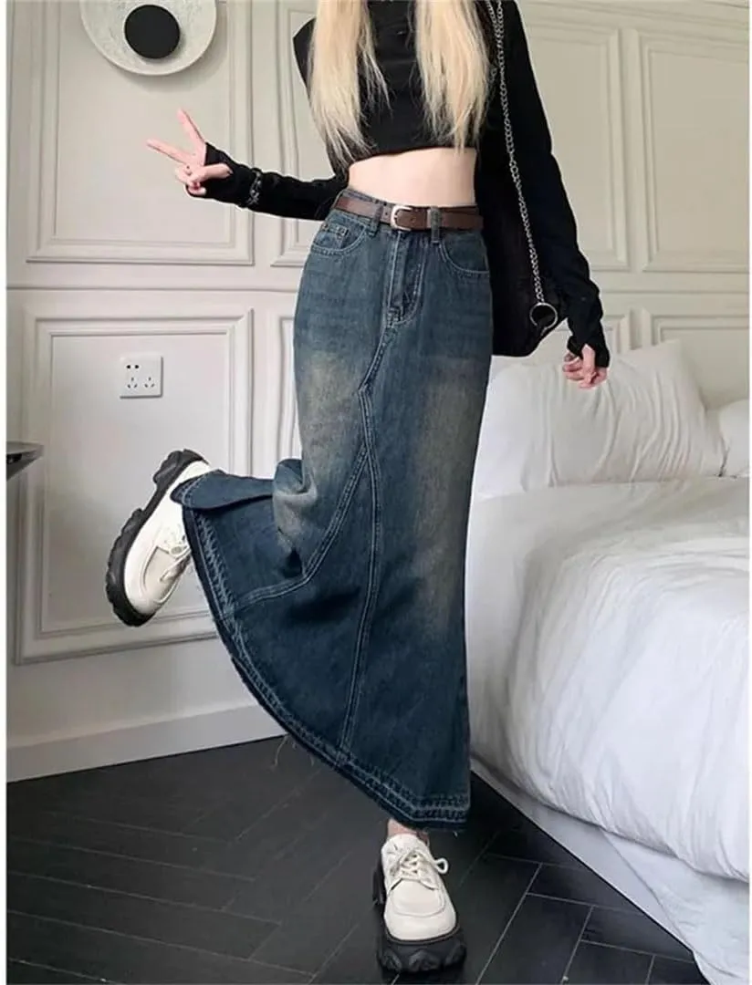 Women's Vintage Washing Denim Skirt High-Waisted Slimming Long Skirt Street Patchwork Style Maxi Skirts