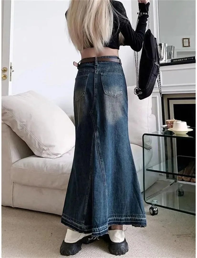 Women's Vintage Washing Denim Skirt High-Waisted Slimming Long Skirt Street Patchwork Style Maxi Skirts