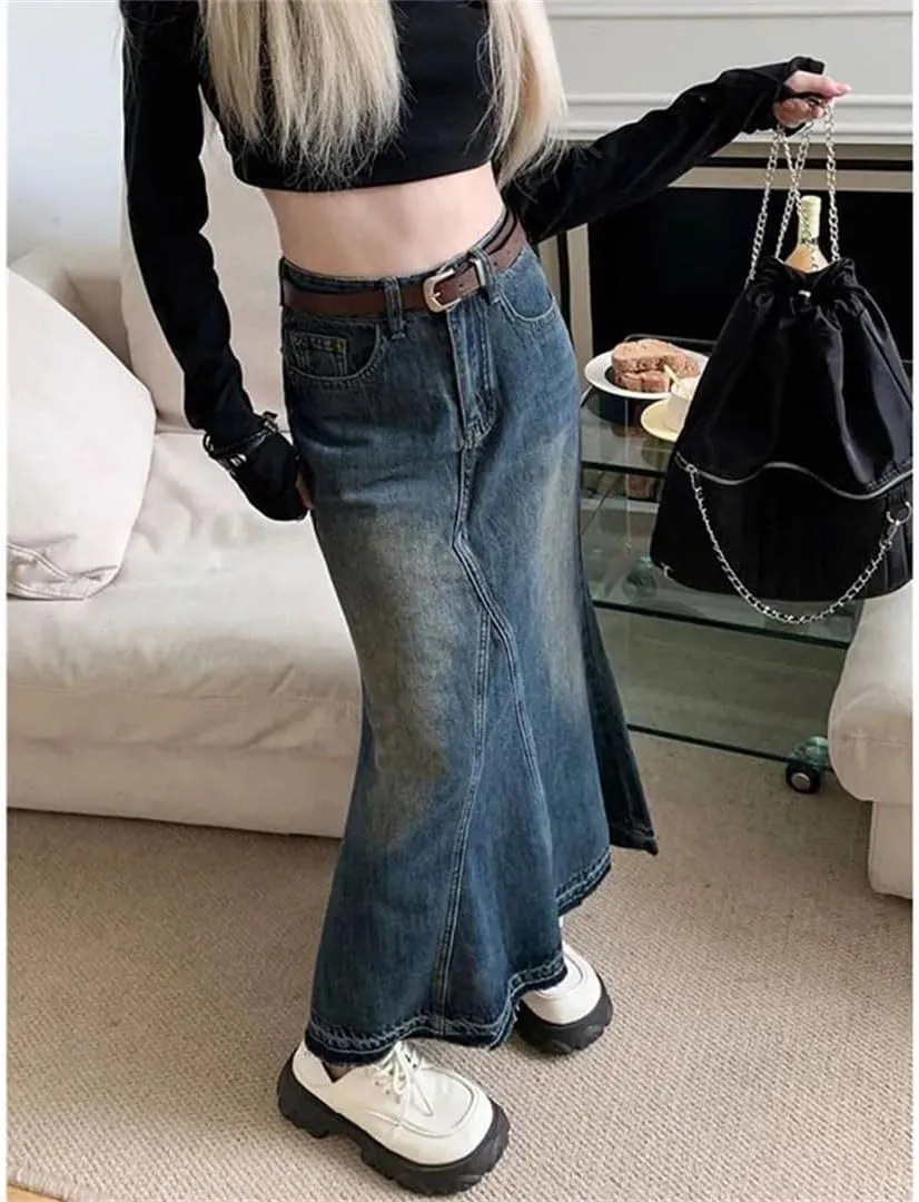 Women's Vintage Washing Denim Skirt High-Waisted Slimming Long Skirt Street Patchwork Style Maxi Skirts