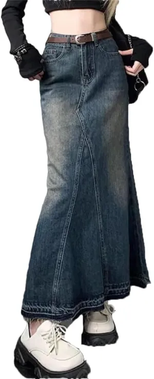 Women's Vintage Washing Denim Skirt High-Waisted Slimming Long Skirt Street Patchwork Style Maxi Skirts