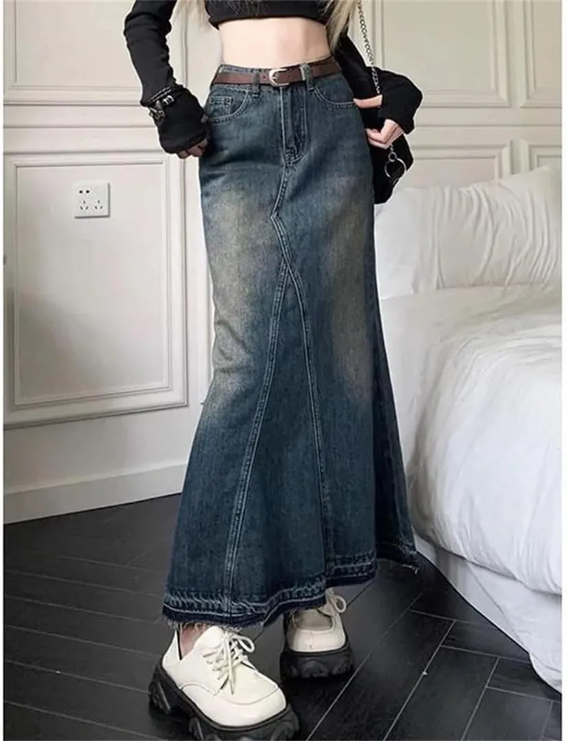 Women's Vintage Washing Denim Skirt High-Waisted Slimming Long Skirt Street Patchwork Style Maxi Skirts