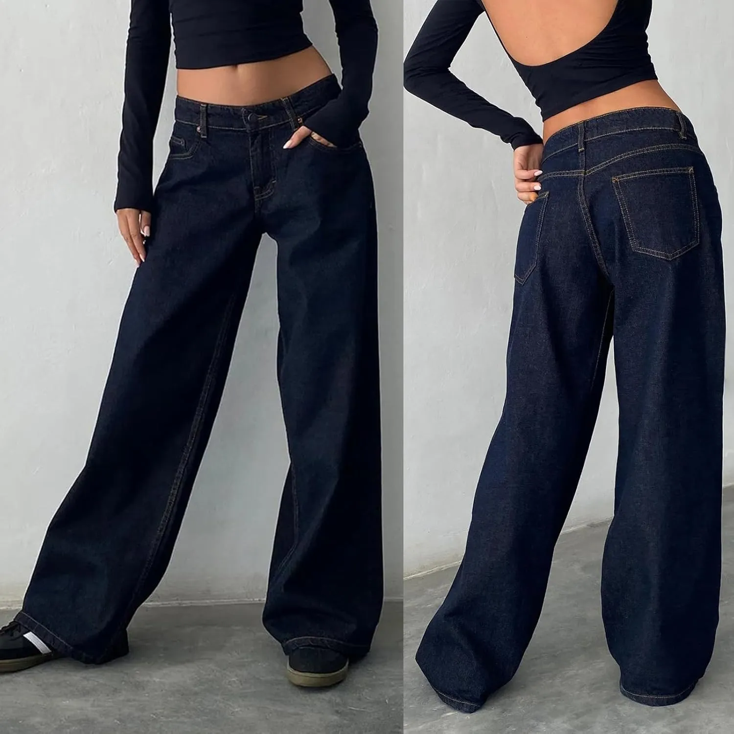 Women's Wide Leg Baggy Jeans - Low Rise, Loose Fit Denim Pants - Y2K Boyfriend Style Trousers for Streetwear