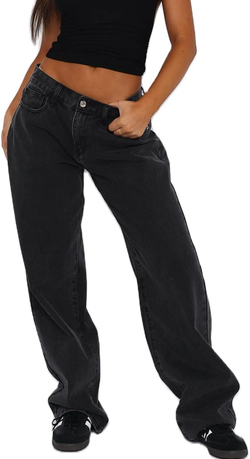 Women's Wide Leg Baggy Jeans - Low Rise, Loose Fit Denim Pants - Y2K Boyfriend Style Trousers for Streetwear