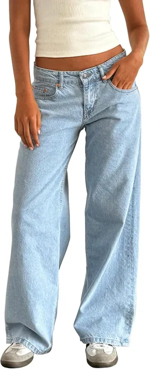 Women's Wide Leg Baggy Jeans - Low Rise, Loose Fit Denim Pants - Y2K Boyfriend Style Trousers for Streetwear