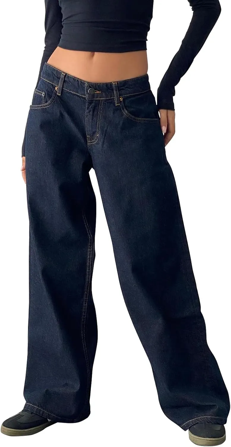 Women's Wide Leg Baggy Jeans - Low Rise, Loose Fit Denim Pants - Y2K Boyfriend Style Trousers for Streetwear