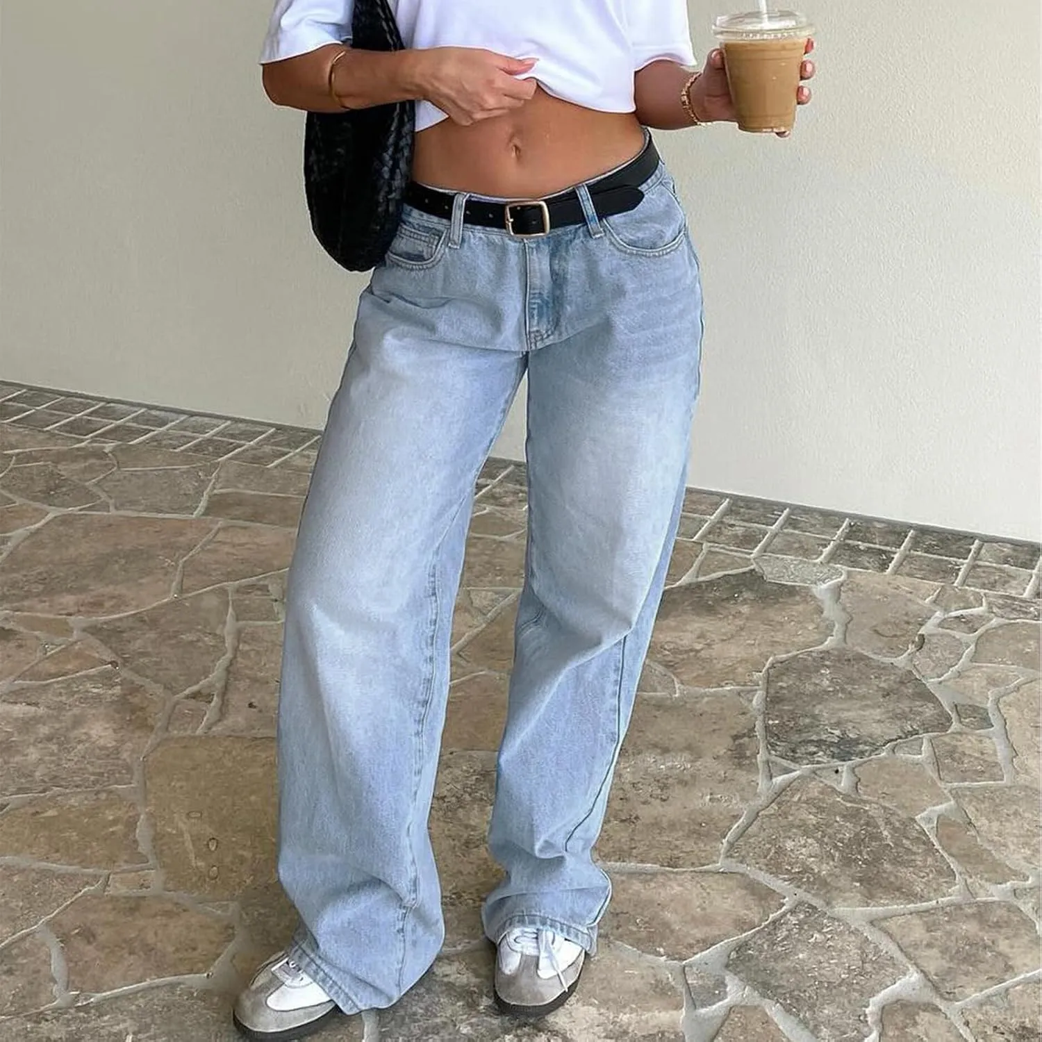 Women's Wide Leg Baggy Jeans - Low Rise, Loose Fit Denim Pants - Y2K Boyfriend Style Trousers for Streetwear