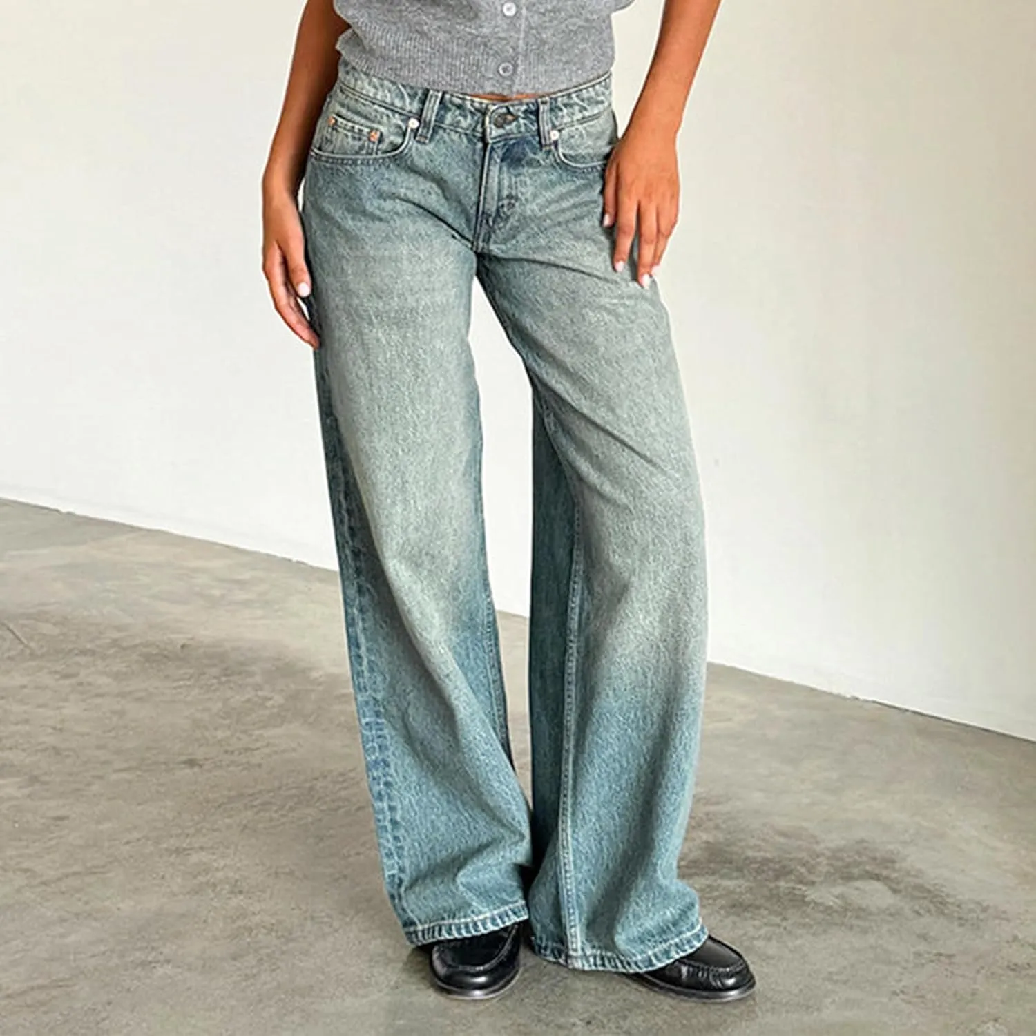 Women's Wide Leg Baggy Jeans - Low Rise, Loose Fit Denim Pants - Y2K Boyfriend Style Trousers for Streetwear