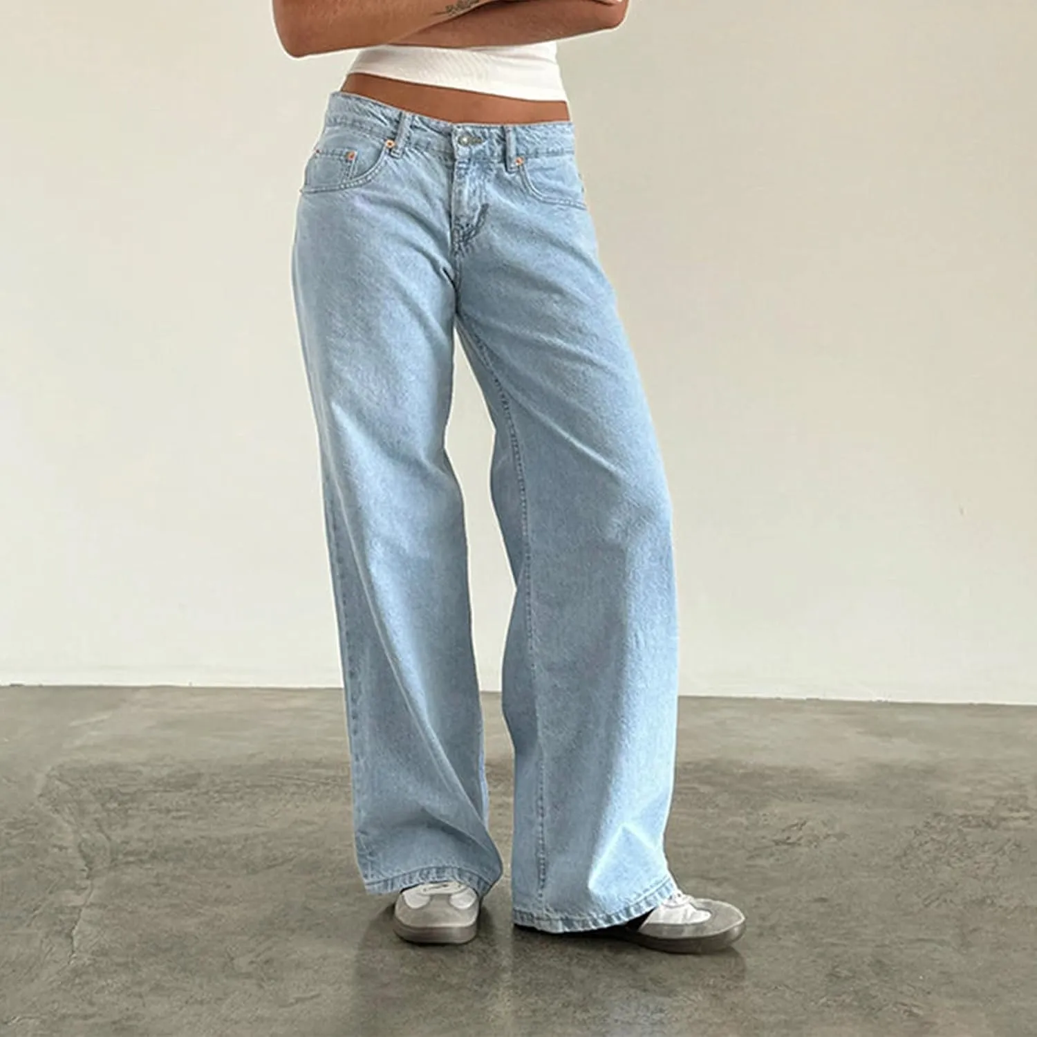 Women's Wide Leg Baggy Jeans - Low Rise, Loose Fit Denim Pants - Y2K Boyfriend Style Trousers for Streetwear