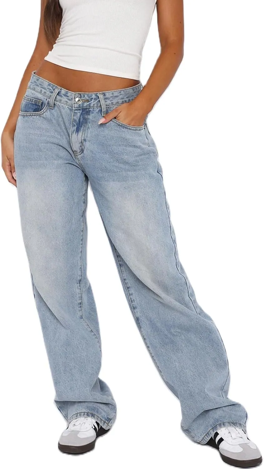 Women's Wide Leg Baggy Jeans - Low Rise, Loose Fit Denim Pants - Y2K Boyfriend Style Trousers for Streetwear