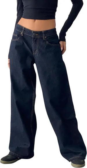 Women's Wide Leg Baggy Jeans - Low Rise, Loose Fit Denim Pants - Y2K Boyfriend Style Trousers for Streetwear