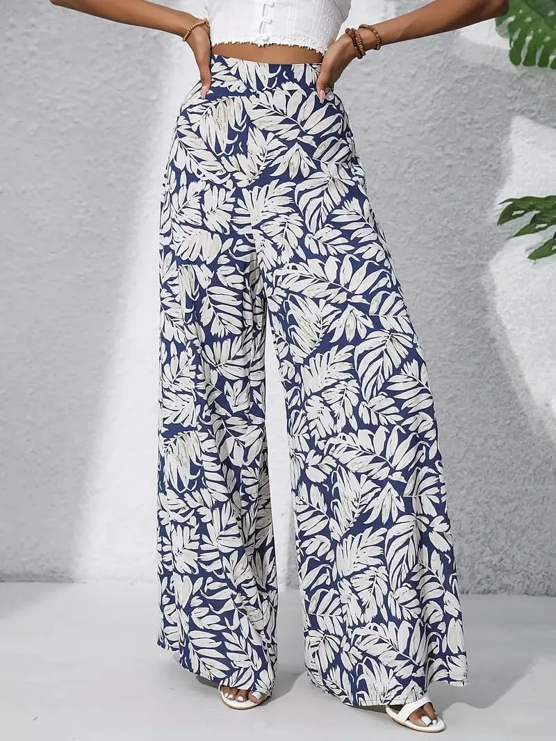 Women's Wide Leg Pants High Waist Loose Floral Casual Boho Trousers Business Work Lounge Pant