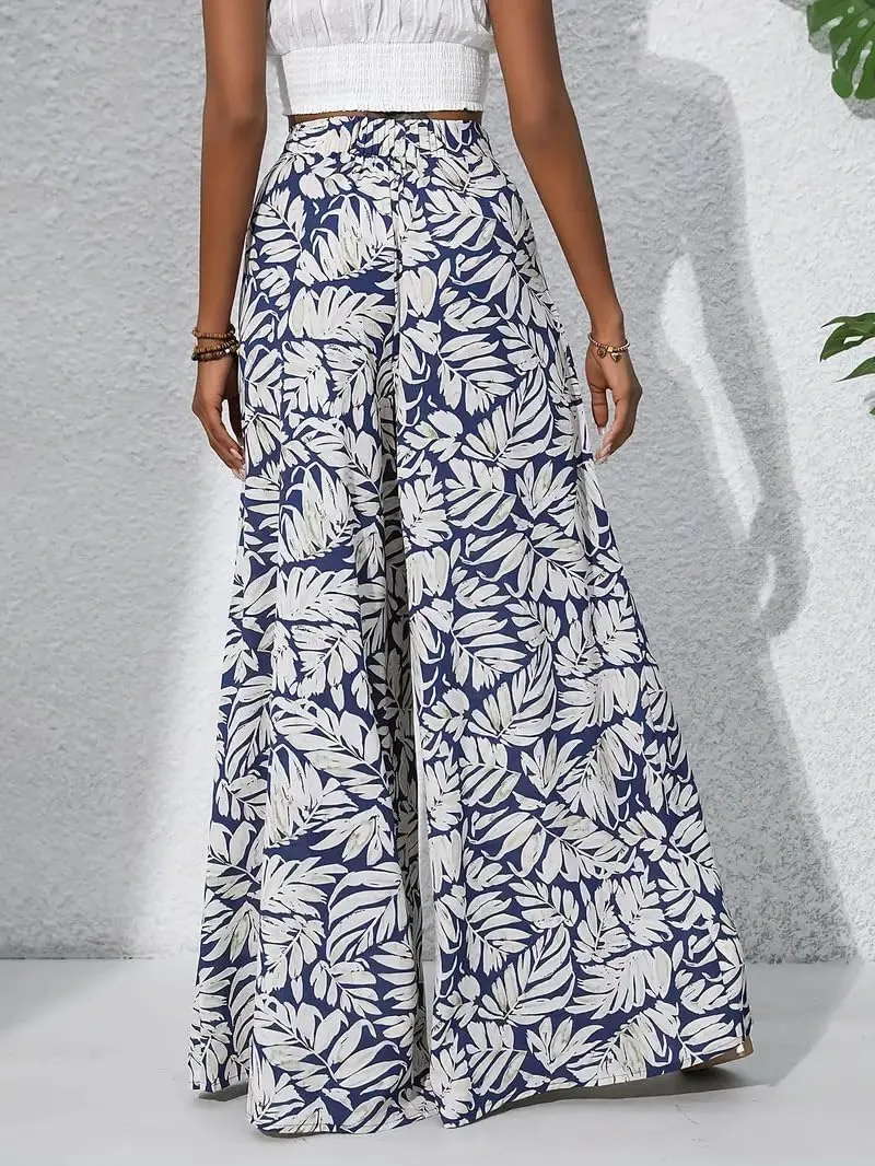 Women's Wide Leg Pants High Waist Loose Floral Casual Boho Trousers Business Work Lounge Pant