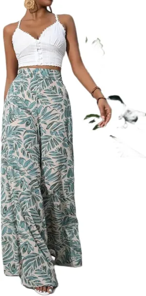 Women's Wide Leg Pants High Waist Loose Floral Casual Boho Trousers Business Work Lounge Pant