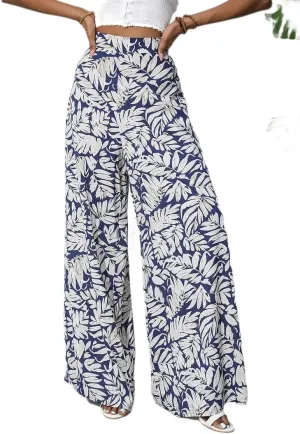 Women's Wide Leg Pants High Waist Loose Floral Casual Boho Trousers Business Work Lounge Pant