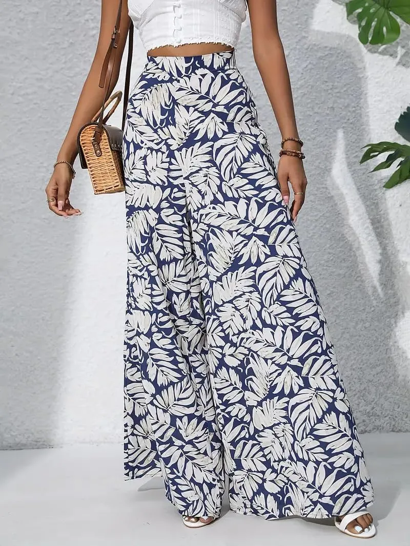 Women's Wide Leg Pants High Waist Loose Floral Casual Boho Trousers Business Work Lounge Pant