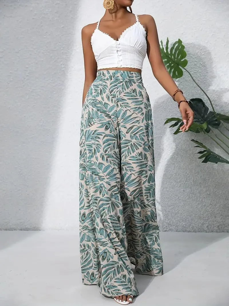 Women's Wide Leg Pants High Waist Loose Floral Casual Boho Trousers Business Work Lounge Pant