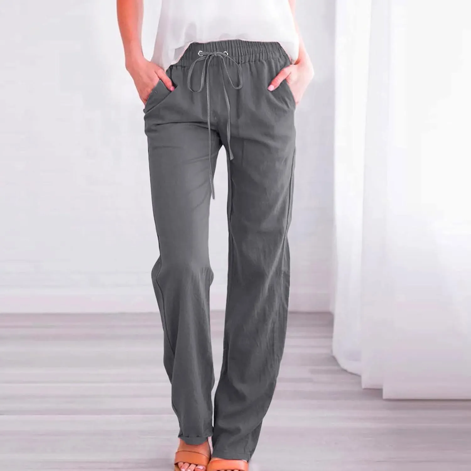 Womens Wide Leg Sweatpants Winter on Outfits Jegging with Pockets Solid Color Fleece Lined