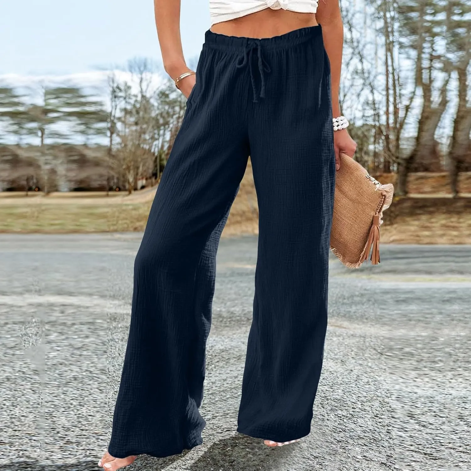 Womens Wide Leg Sweatpants Winter on Outfits Jegging with Pockets Solid Color Fleece Lined