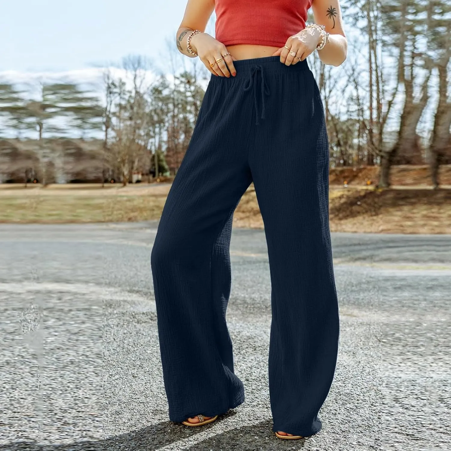 Womens Wide Leg Sweatpants Winter on Outfits Jegging with Pockets Solid Color Fleece Lined