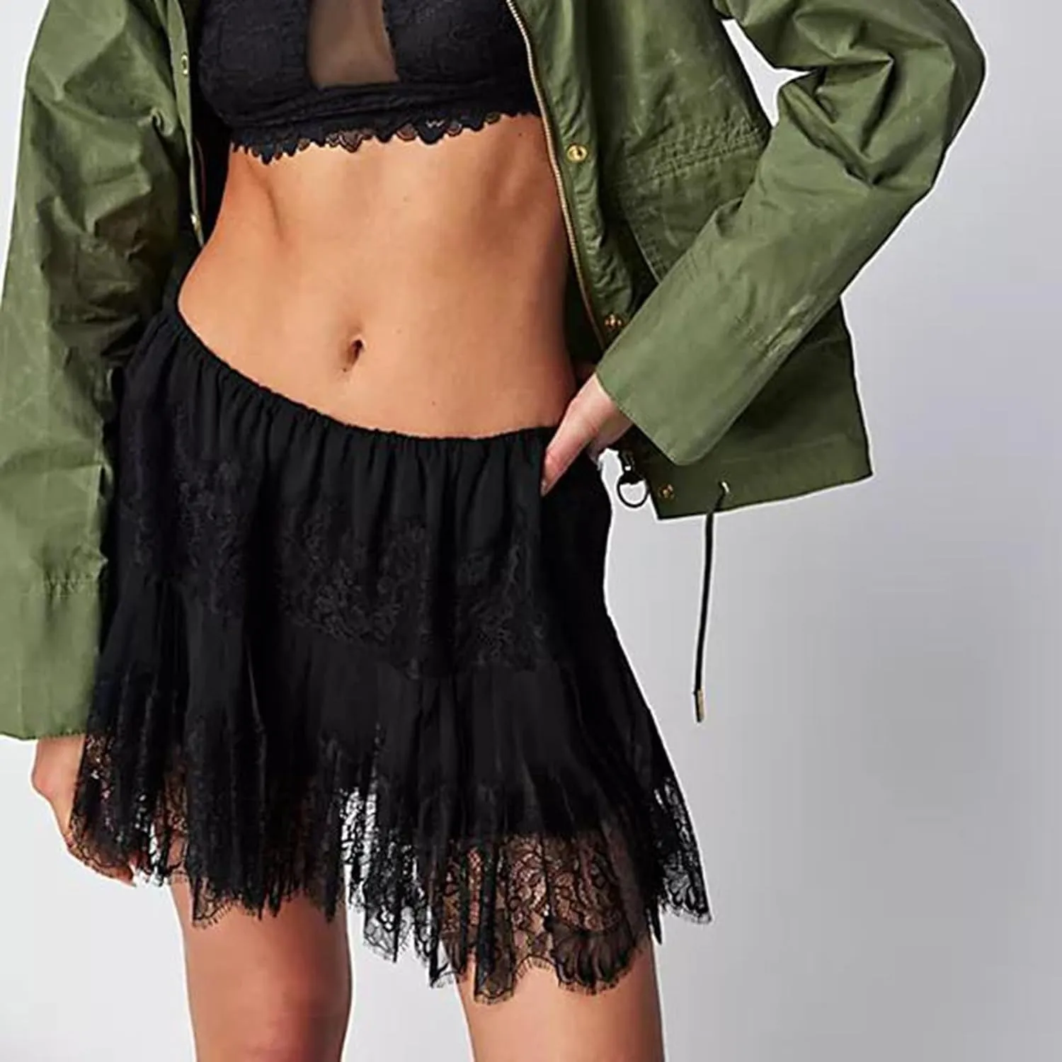 Womens Y2K Lace Mini Skirt Sexy Pleated Ruffle Lace Trim Layered Flowy Short Skirts Underskirt Aesthetic Streetwear