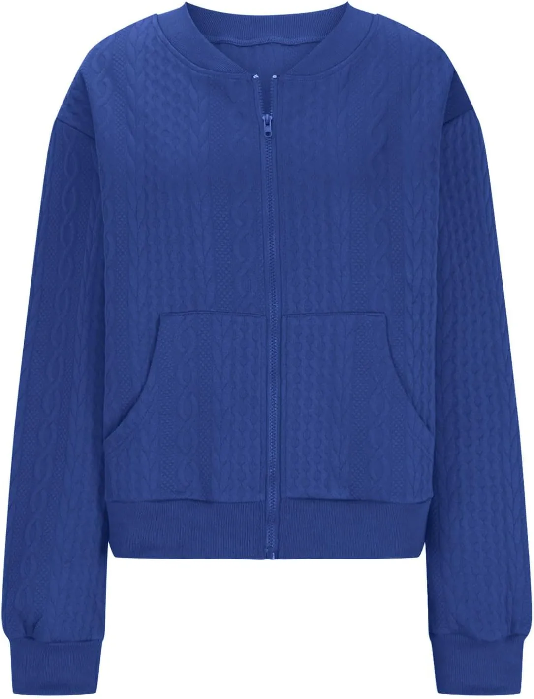 Women's Zip Up Cardigan Sweater Cable Knit Jacket Long Sleeve Sweatshirt Solid Loose Comfy Outwear Coat with Pockets