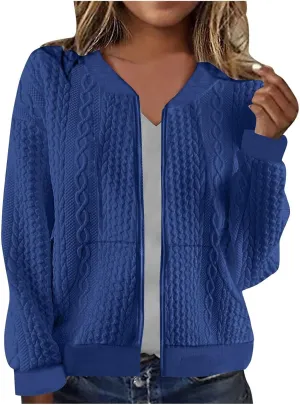 Women's Zip Up Cardigan Sweater Cable Knit Jacket Long Sleeve Sweatshirt Solid Loose Comfy Outwear Coat with Pockets