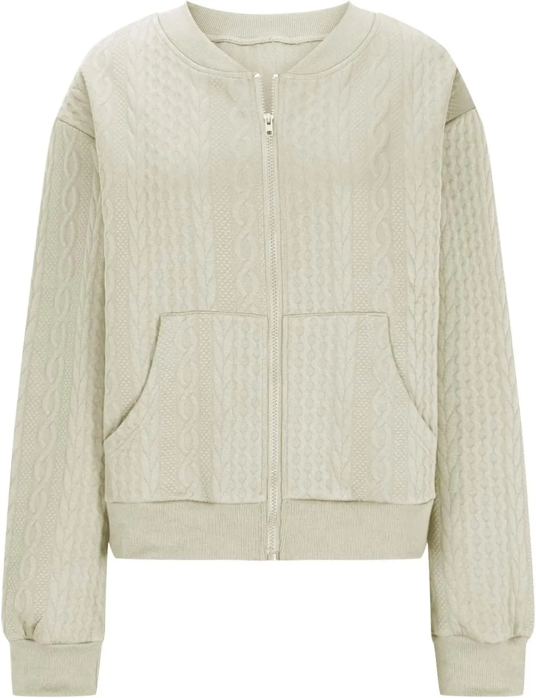 Women's Zip Up Cardigan Sweater Cable Knit Jacket Long Sleeve Sweatshirt Solid Loose Comfy Outwear Coat with Pockets