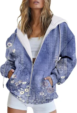 Womens Zip Up Hoodies Vintage Oversized Hoodie Floral Printed Long Sleeve Tops Trendy Sport Cloth with Pockets
