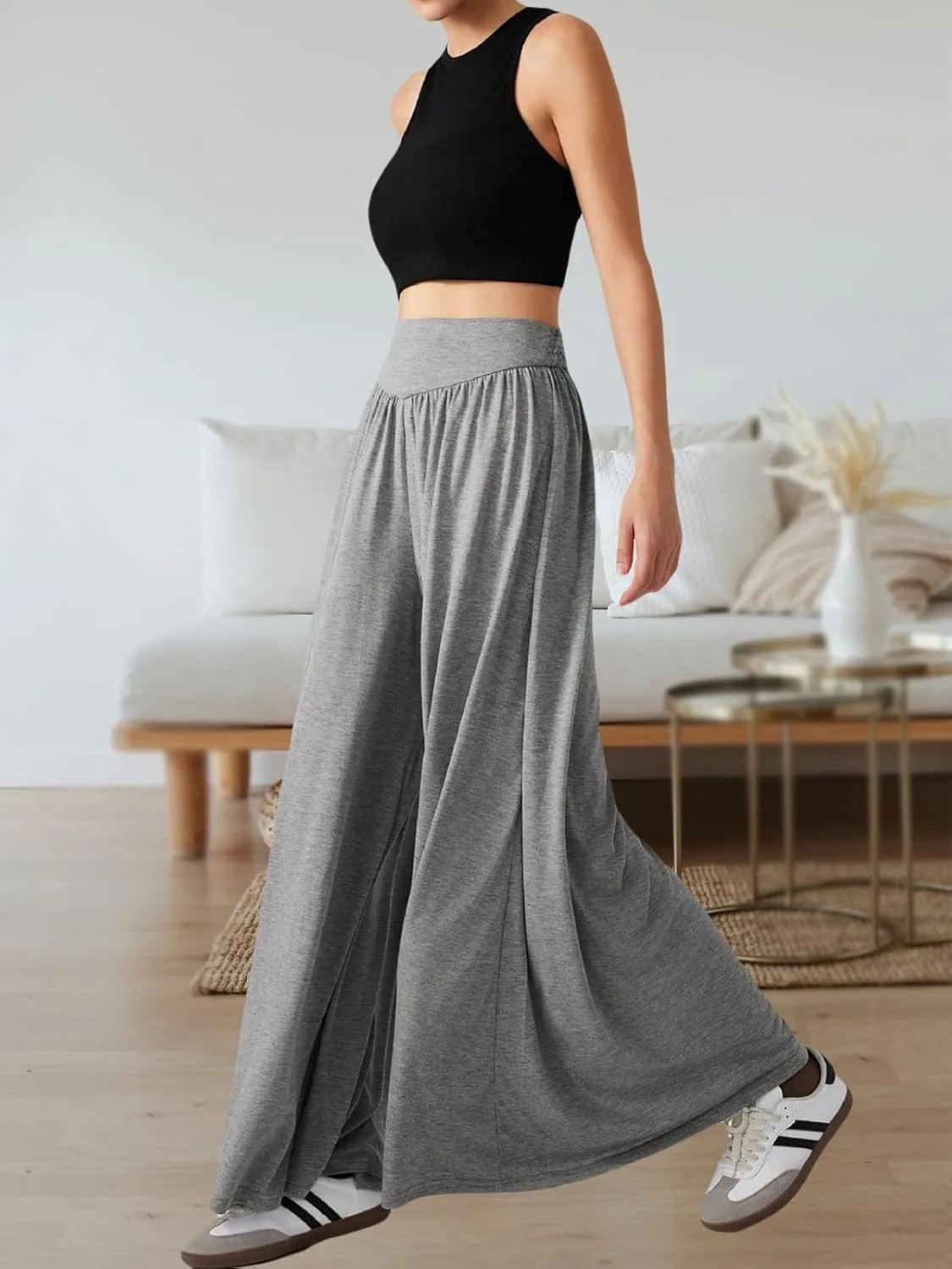 Wowcarbazole Women's Wide Leg Pants Elastic High Waist Casual Lounge Loose Palazzo Pant with Pockets Flowy Fall Long Trousers