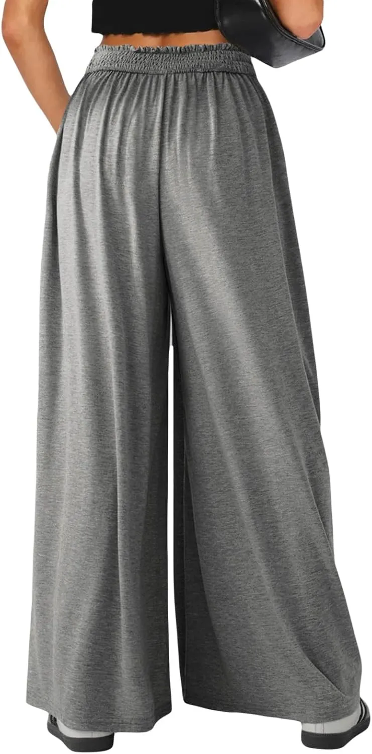 Wowcarbazole Women's Wide Leg Pants Elastic High Waist Casual Lounge Loose Palazzo Pant with Pockets Flowy Fall Long Trousers