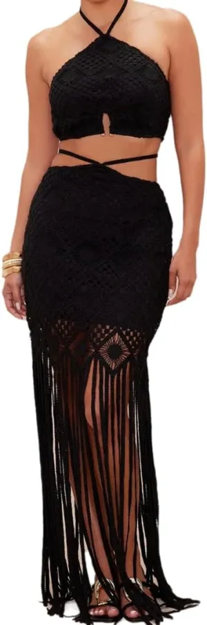 Wuitrie Women 2 Piece Casual Solid Knit Outfit Cut Out Camisole Maxi Lace Up Tassels Hem Skirt Crochet Set