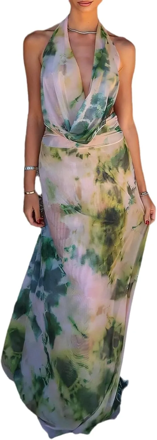 Wuitrie Women 2 Piece Outfits Ink Prints Deep V Neck Backless Top Flowy Maxi Skirt Casual Vacation 2 Piece Sets for Women