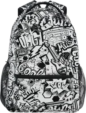 xigua Travel Backpack Black White Graffiti Laptop Backpack Water Resistant Casual Daypack for Men and Women
