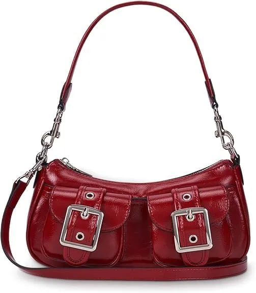 Y2K Shoulder Bag for Women,Burgundy Purse Cute Red Tote Crossbody Handbag Double Pocket Faux Leather Hobo Bag for Work