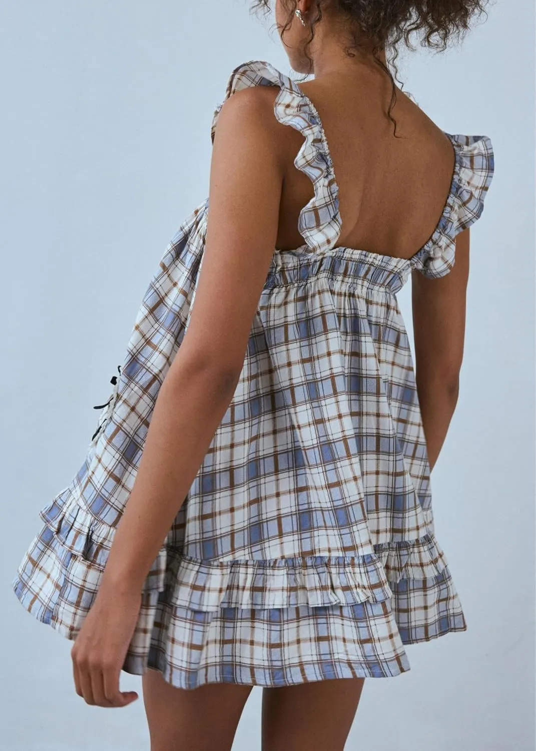 Y2k Women Bow Tie Front Mini Dress Ruffle Flying Sleeve Squared Neck Loose Flowy Babydoll Short Dresses Summer