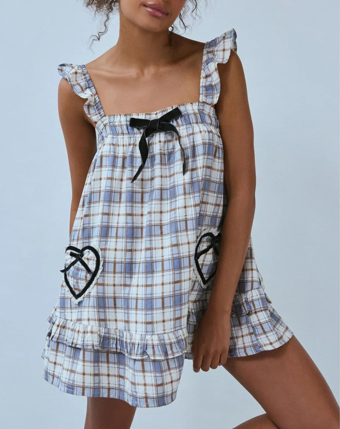 Y2k Women Bow Tie Front Mini Dress Ruffle Flying Sleeve Squared Neck Loose Flowy Babydoll Short Dresses Summer