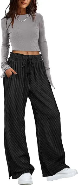 YESNO Corduroy Wide Leg Pants for Women Drawstring Elastic High Waist Slit Palazzo Casual Loose Trousers with Pockets PC0