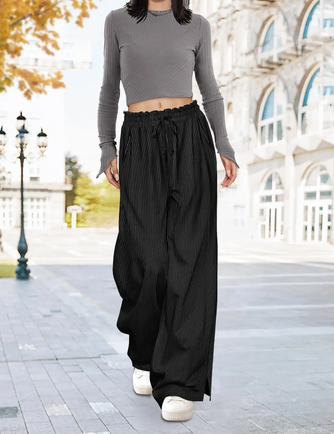 YESNO Corduroy Wide Leg Pants for Women Drawstring Elastic High Waist Slit Palazzo Casual Loose Trousers with Pockets PC0