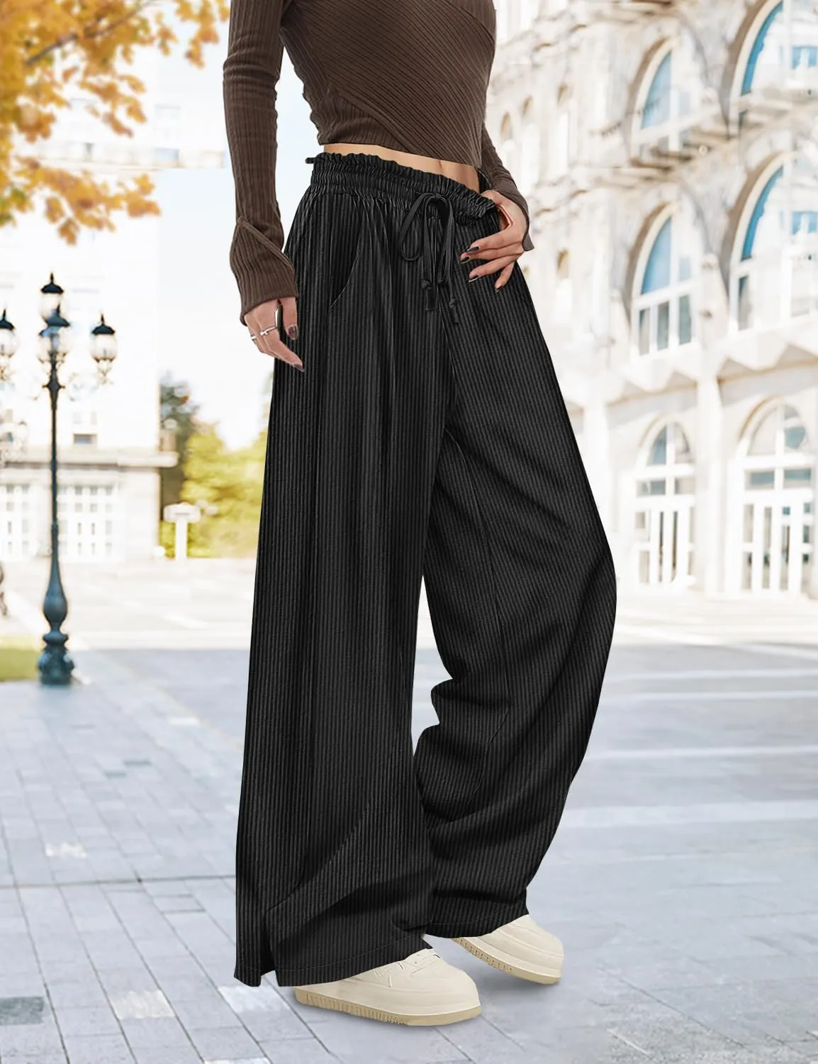 YESNO Corduroy Wide Leg Pants for Women Drawstring Elastic High Waist Slit Palazzo Casual Loose Trousers with Pockets PC0