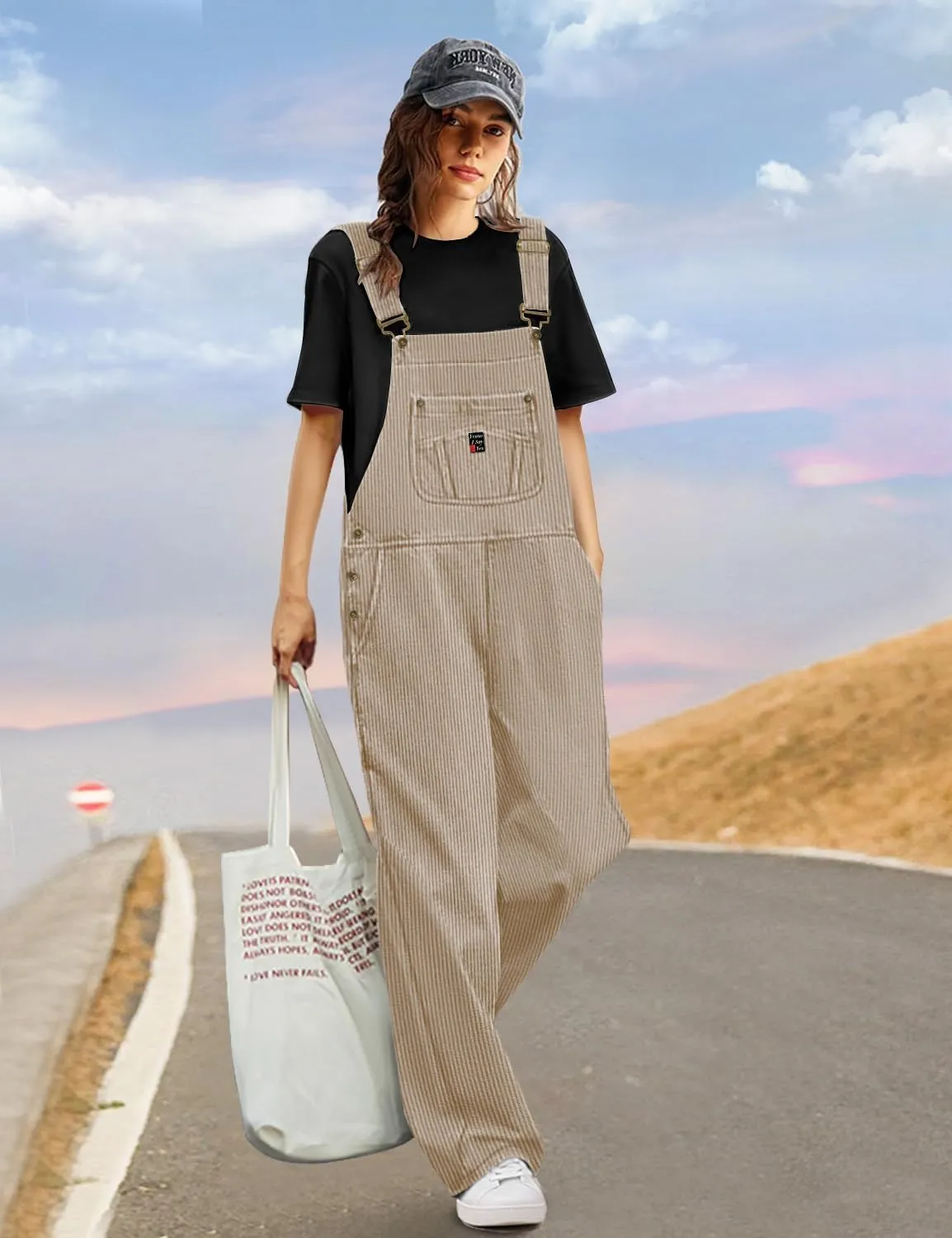 YESNO Women Corduroy Overalls Casual Adjustable Straps Bib Jumpsuits Fall Outfits with Side Buttons Closure and Pockets PCD