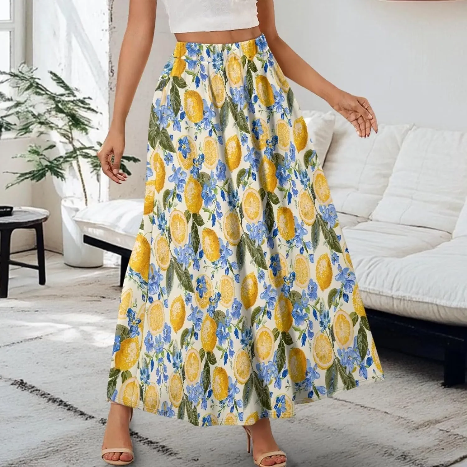 Yewattles Womens Elastic High Waist Pleated A-Line Flowy Swing Maxi Long Skirt Dress with Pockets