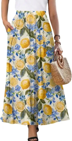 Yewattles Womens Elastic High Waist Pleated A-Line Flowy Swing Maxi Long Skirt Dress with Pockets