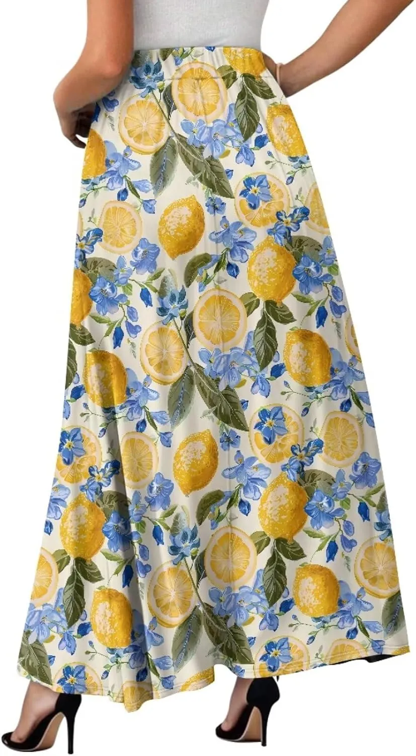 Yewattles Womens Elastic High Waist Pleated A-Line Flowy Swing Maxi Long Skirt Dress with Pockets