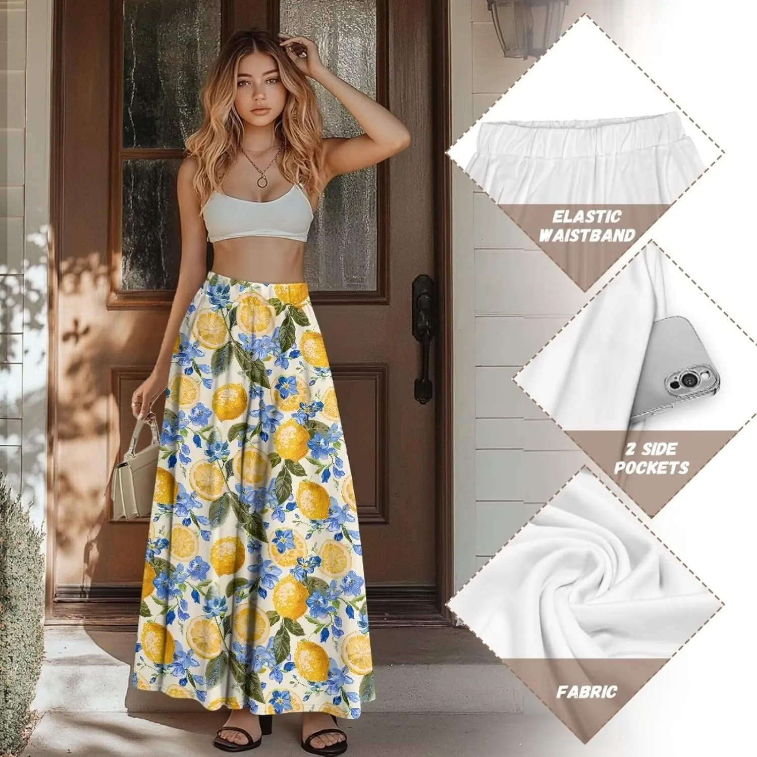 Yewattles Womens Elastic High Waist Pleated A-Line Flowy Swing Maxi Long Skirt Dress with Pockets